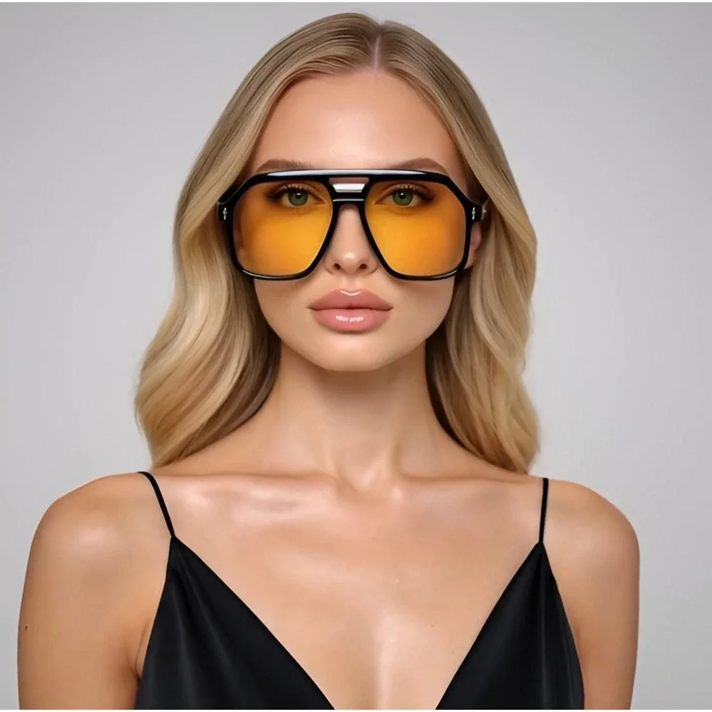 Oversized Square Aviator Sunglasses‎ Black Flat Top Orange Gradient Lens Retro